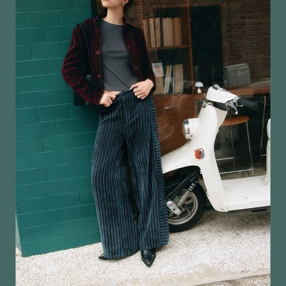 Pants - Navy Blue Striped Velvet High Waist Wide Leg Trousers